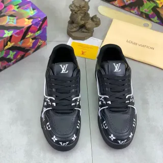 Louis Vuitton LV Trainer Preto Branco Monograma-Impresso Couro Perfurado Caixa de Dedo Estilo de Vida Sneakers