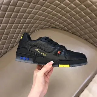 Louis Vuitton LV Trainer Preto Amarelo Couro Superior Sola Média Espessa Camadas Lifestyle Sneakers