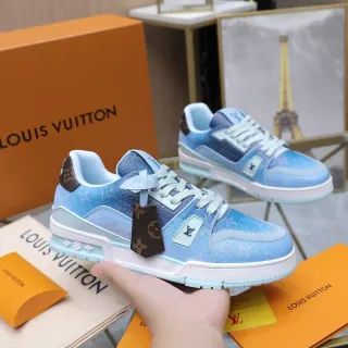 Louis Vuitton LV Trainer Azul Blanco Suela En Capas Acentos De Cuero Monogram Lifestyle Sneakers