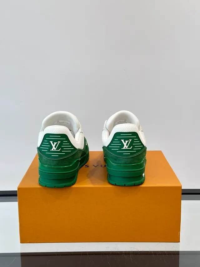Louis Vuitton LV Trainer Verde Branco Camada de Malha E Camurça Esculpida Solado Intermediário Tênis Lifestyle 3