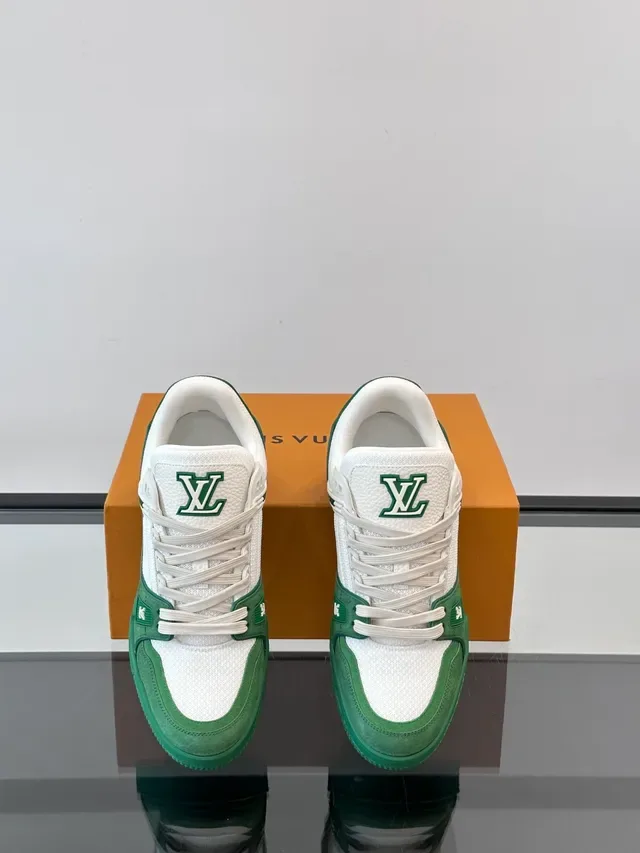 Louis Vuitton LV Trainer Verde Branco Camada de Malha E Camurça Esculpida Solado Intermediário Tênis Lifestyle 4