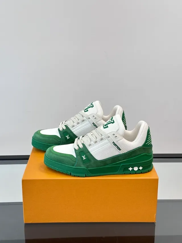 Louis Vuitton LV Trainer Verde Branco Camada de Malha E Camurça Esculpida Solado Intermediário Tênis Lifestyle 5