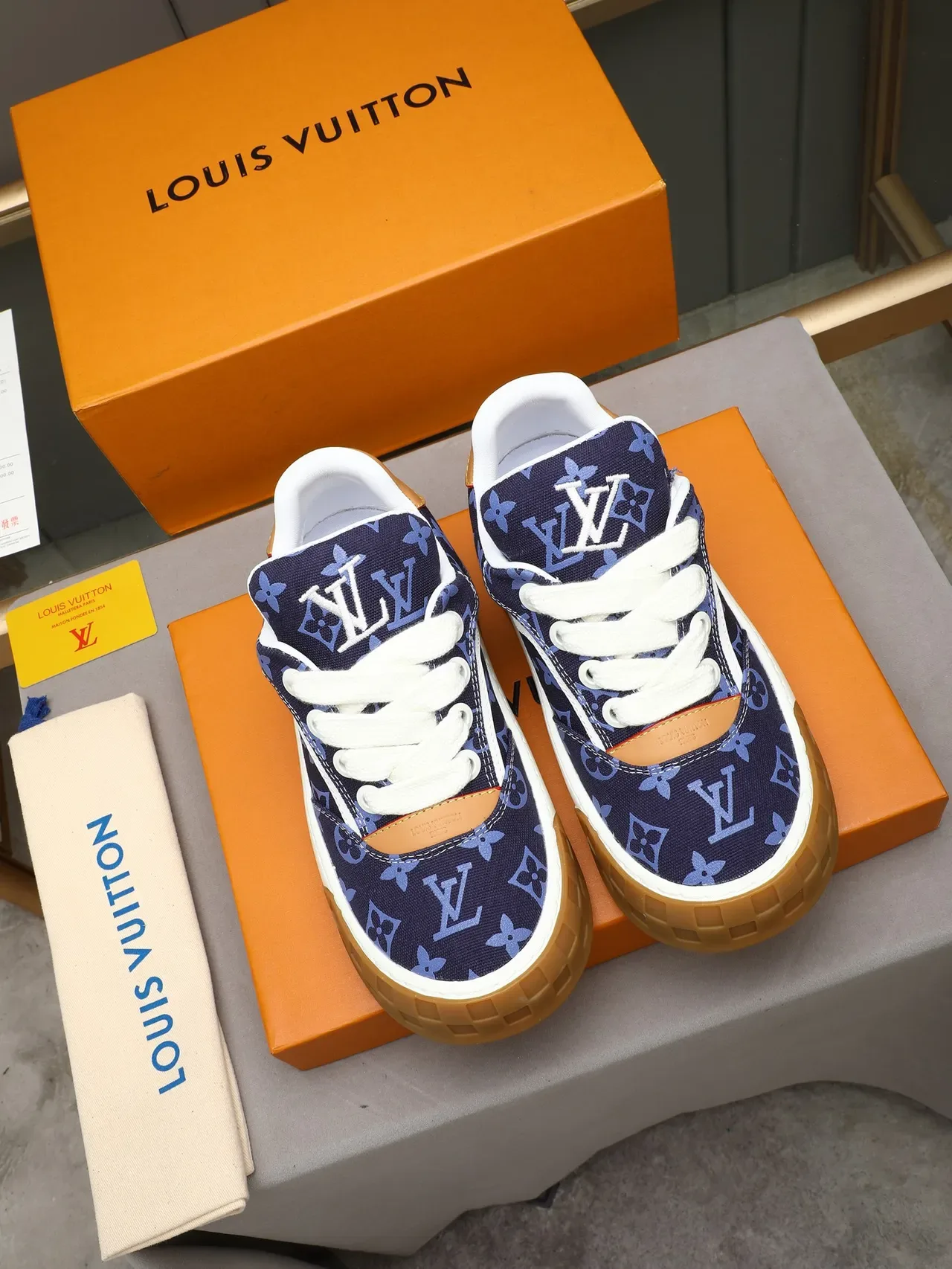 Louis Vuitton LV Trainer Navy Beige Monogram Canvas Layered White Midsole Lifestyle Sneakers 2