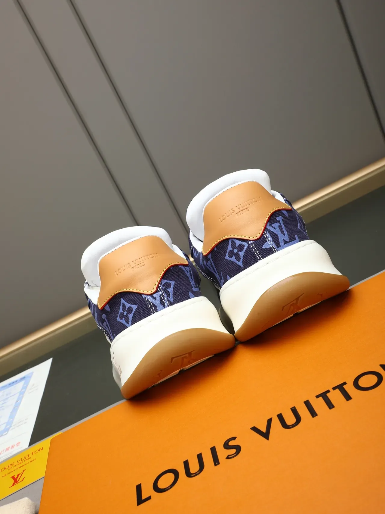 Louis Vuitton LV Trainer Navy Beige Monogram Canvas Layered White Midsole Lifestyle Sneakers 3