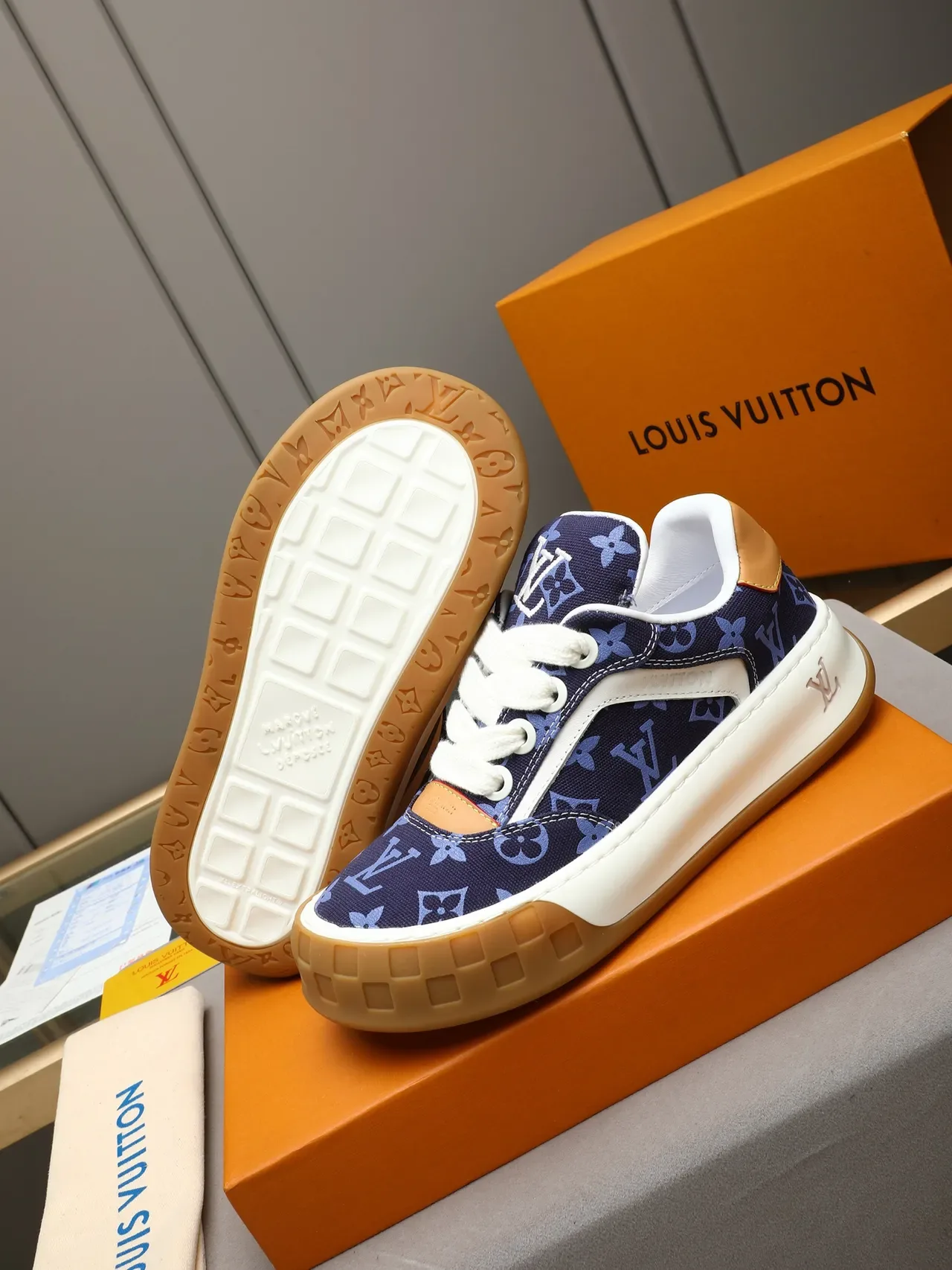 Louis Vuitton LV Trainer Navy Beige Monogram Canvas Layered White Midsole Lifestyle Sneakers 4