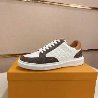 Louis Vuitton LV Trainer Blanco Marrón Monogram Lona y Paneles de Cuero Embossed Zapatillas Lifestyle