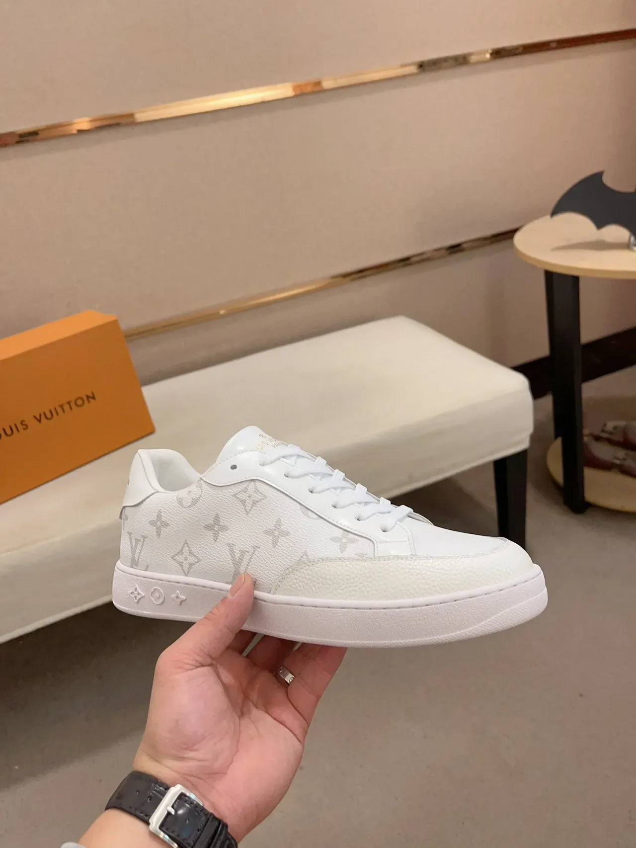 Louis Vuitton LV Trainer White Gray Monogram-Printed Textured Toe Cap Lifestyle Sneakers 7