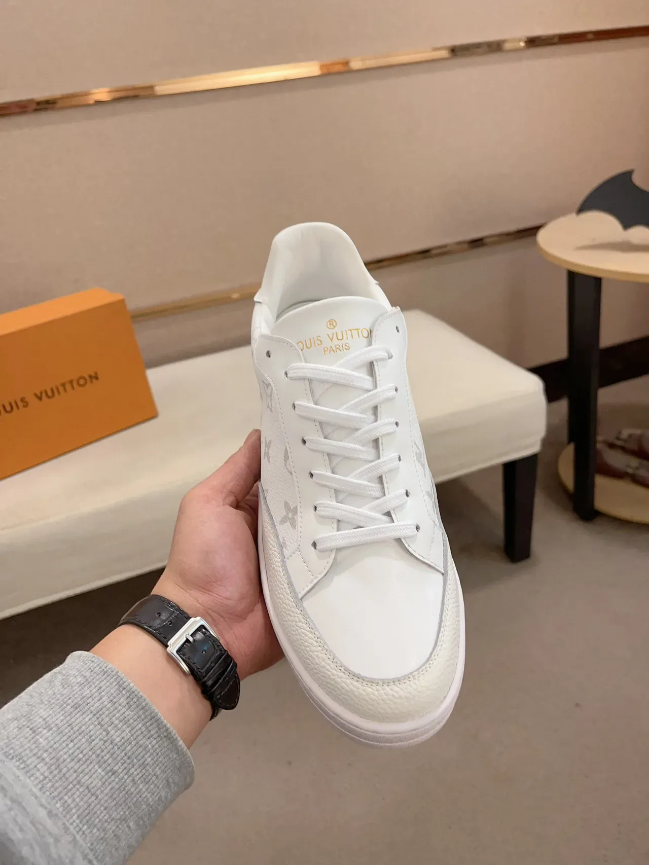 Louis Vuitton LV Trainer White Gray Monogram-Printed Textured Toe Cap Lifestyle Sneakers 9