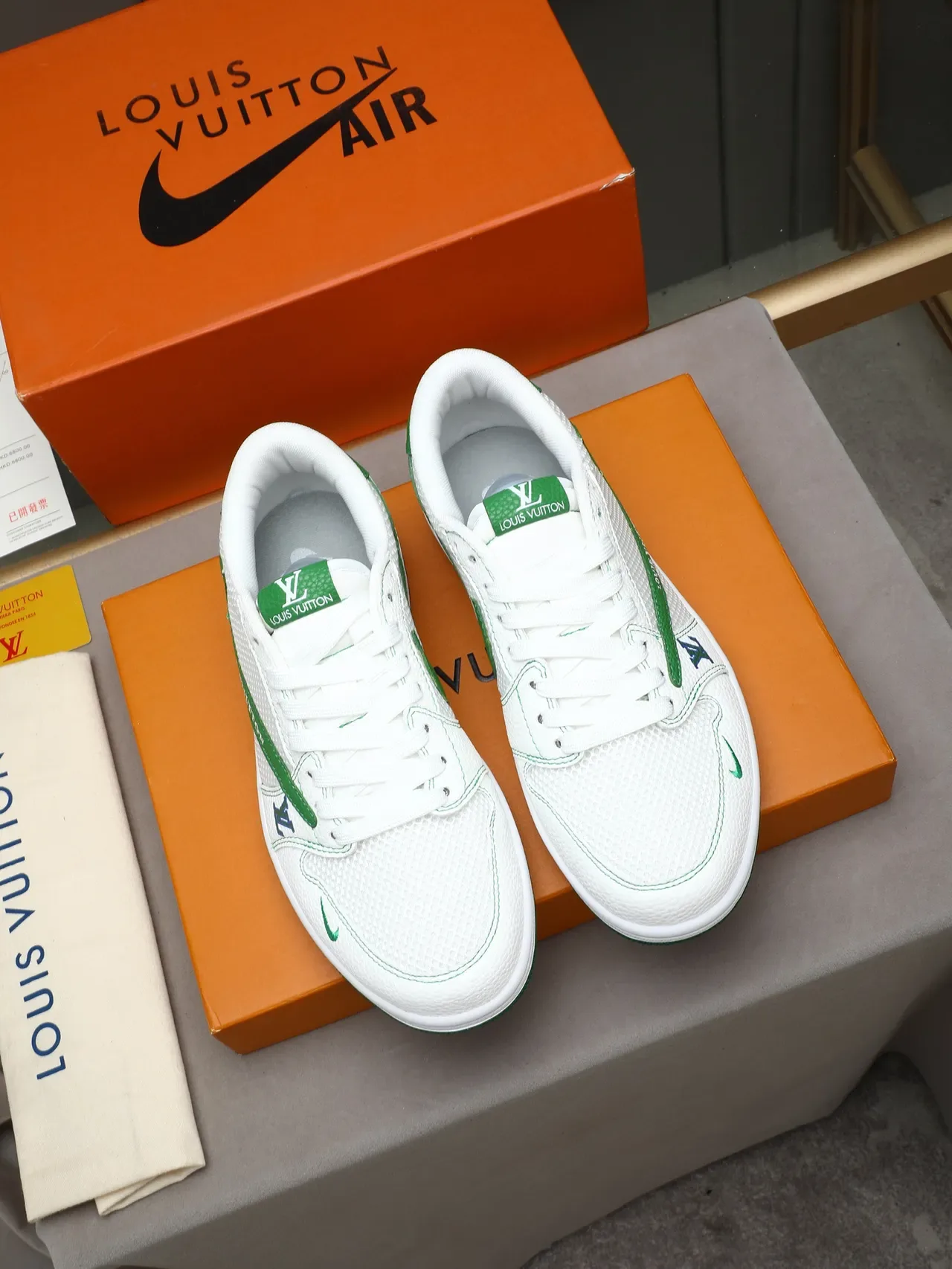 Louis Vuitton LV Trainer White Green Mesh And Leather Upper Monogram Shield Logos Lifestyle Sneakers 2
