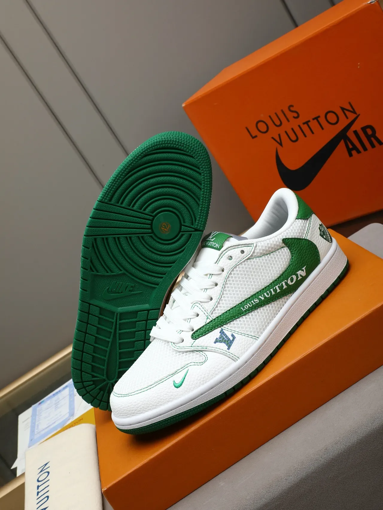 Louis Vuitton LV Trainer White Green Mesh And Leather Upper Monogram Shield Logos Lifestyle Sneakers 4