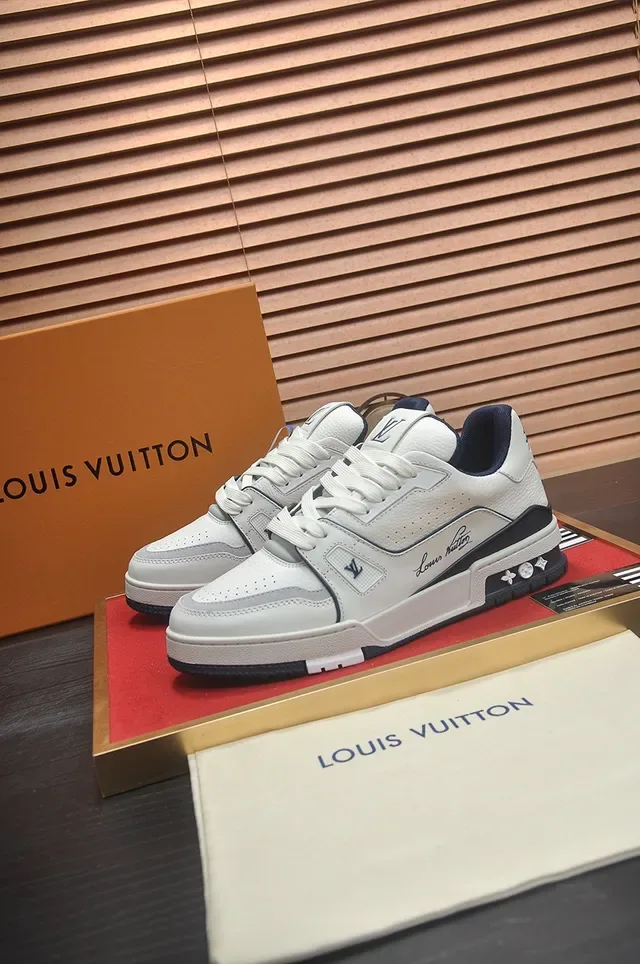 Louis Vuitton LV Trainer White Navy Leather-Paneled Script-Accented Lifestyle Sneakers 4
