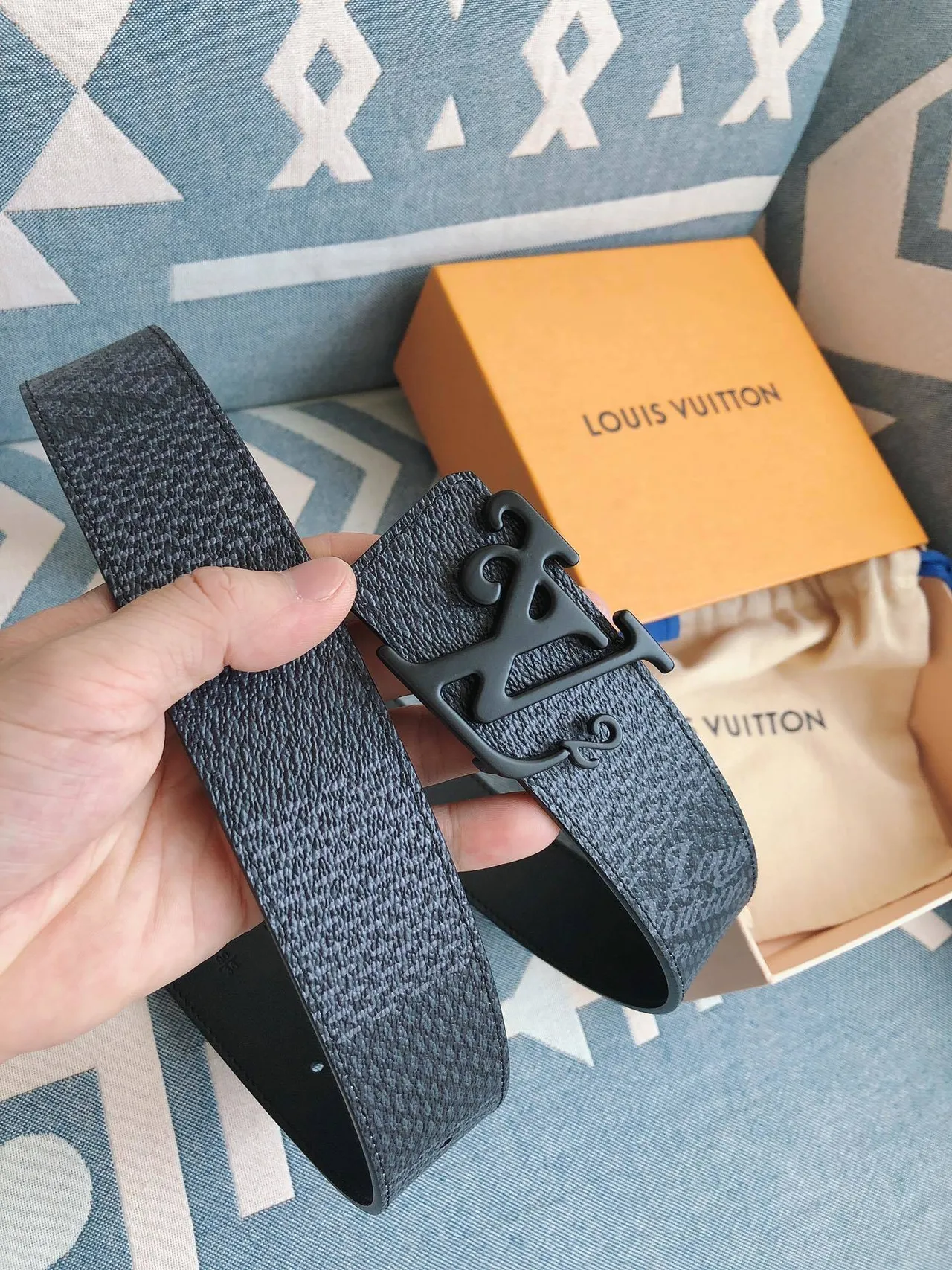 Louis Vuitton LV² Textured Blue-Gray Leather Belt 2