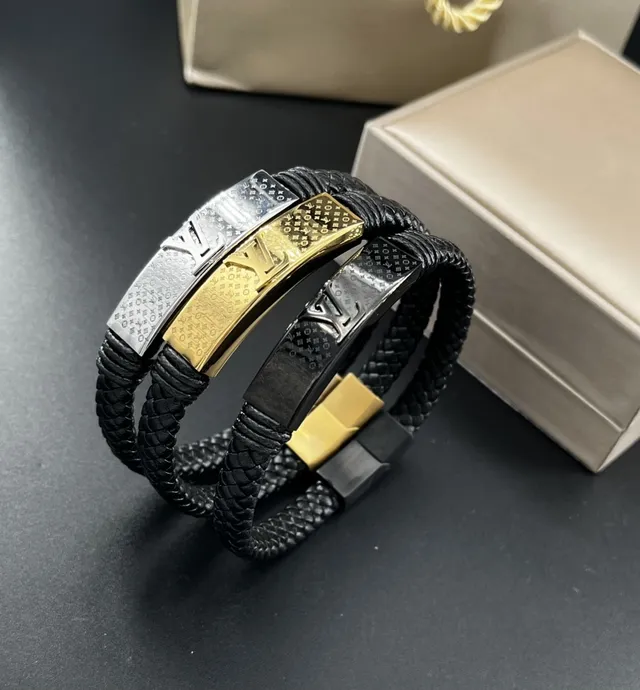 Louis Vuitton Monogram Bracelet Preto Dourado Couro Trançado Pulseira Multi-Enrolamento 4