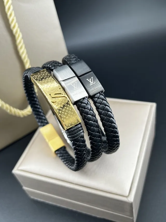Louis Vuitton Monogram Bracelet Preto Dourado Couro Trançado Pulseira Multi-Enrolamento 9