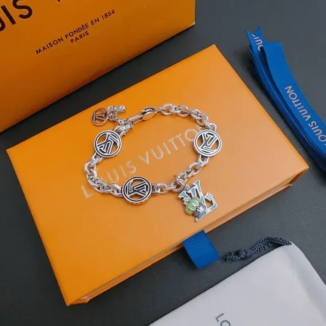 Louis Vuitton Monogram Charm Bracelet Silver Blue Chunky Curb Chain Disc Charms Bracelet 3
