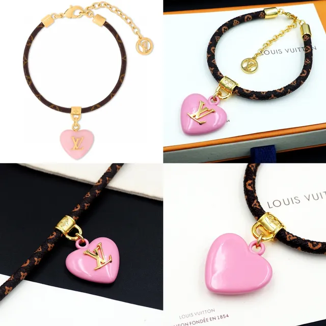 Pulseira de Pingente de Couro Trançado Esmaltado Coração Marrom Rosa Louis Vuitton Monogram em forma de coração 9