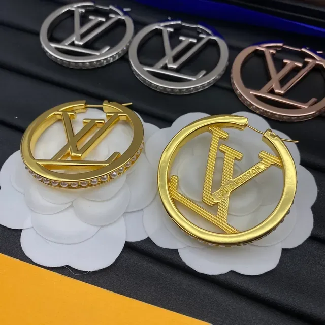 Louis Vuitton Monogram Hoop Gold Silver Circular Cutout Earrings 4