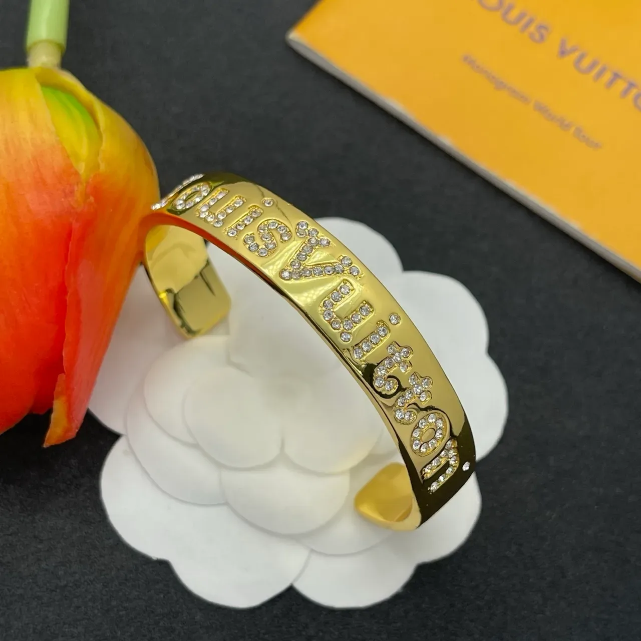 Louis Vuitton Monogram Jewelry Gold-Tone Pavé Crystal Cuff Bracelet 6