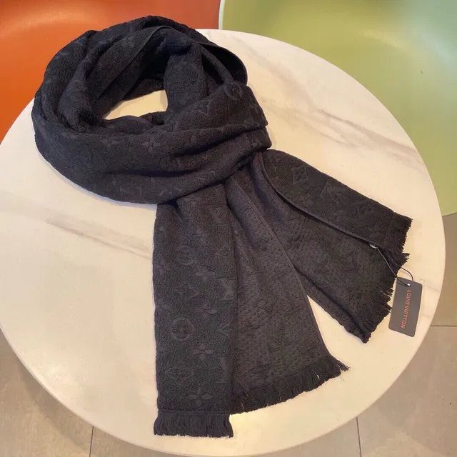 Cachecol Louis Vuitton Monogram Preto Jacquard Bordas Franjas em Cachemira 7