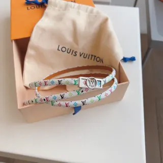 Louis Vuitton बहुरंगी सफेद बहुरंगी मोनोग्राम प्रिंट बुना हुआ कपड़ा पट्टी चमड़े की बेल्ट