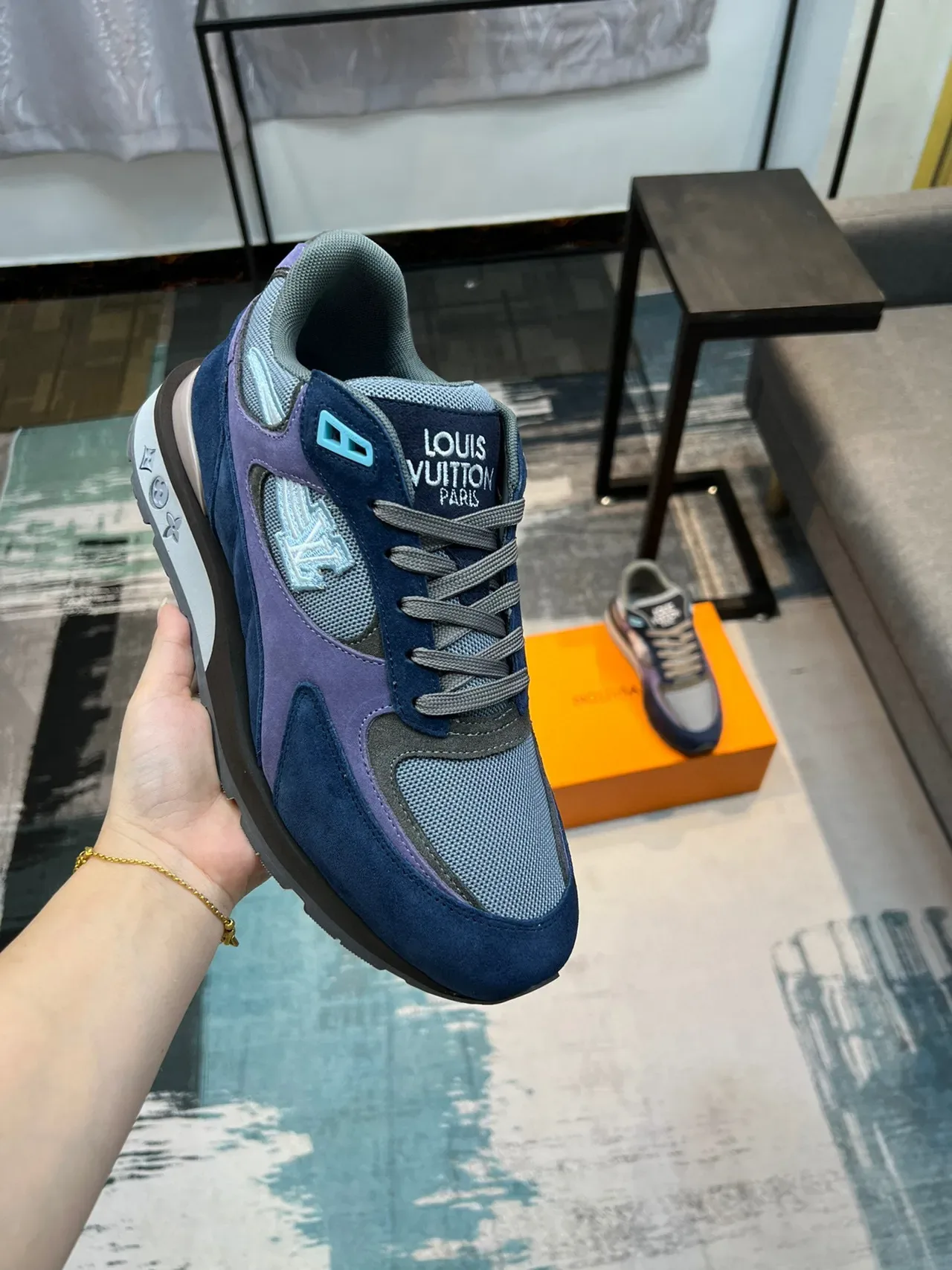 Louis Vuitton Navy Purple Layered Suede And Mesh Upper Embroidered Monogram Patch Lifestyle Sneakers 6