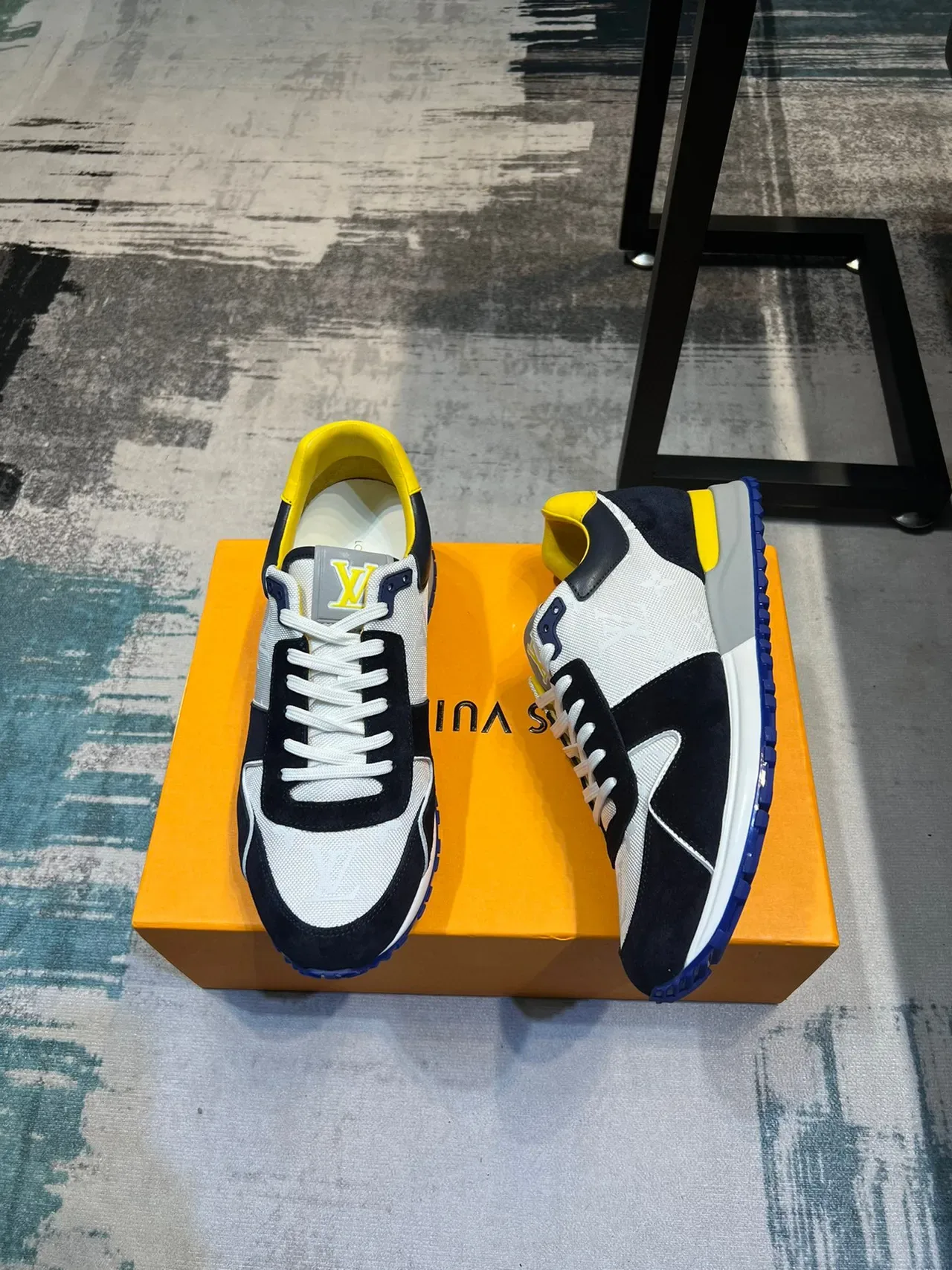Louis Vuitton Navy Yellow Multi-Panel Suede And Mesh Upper Embossed Monogram Side Lifestyle Sneakers 5
