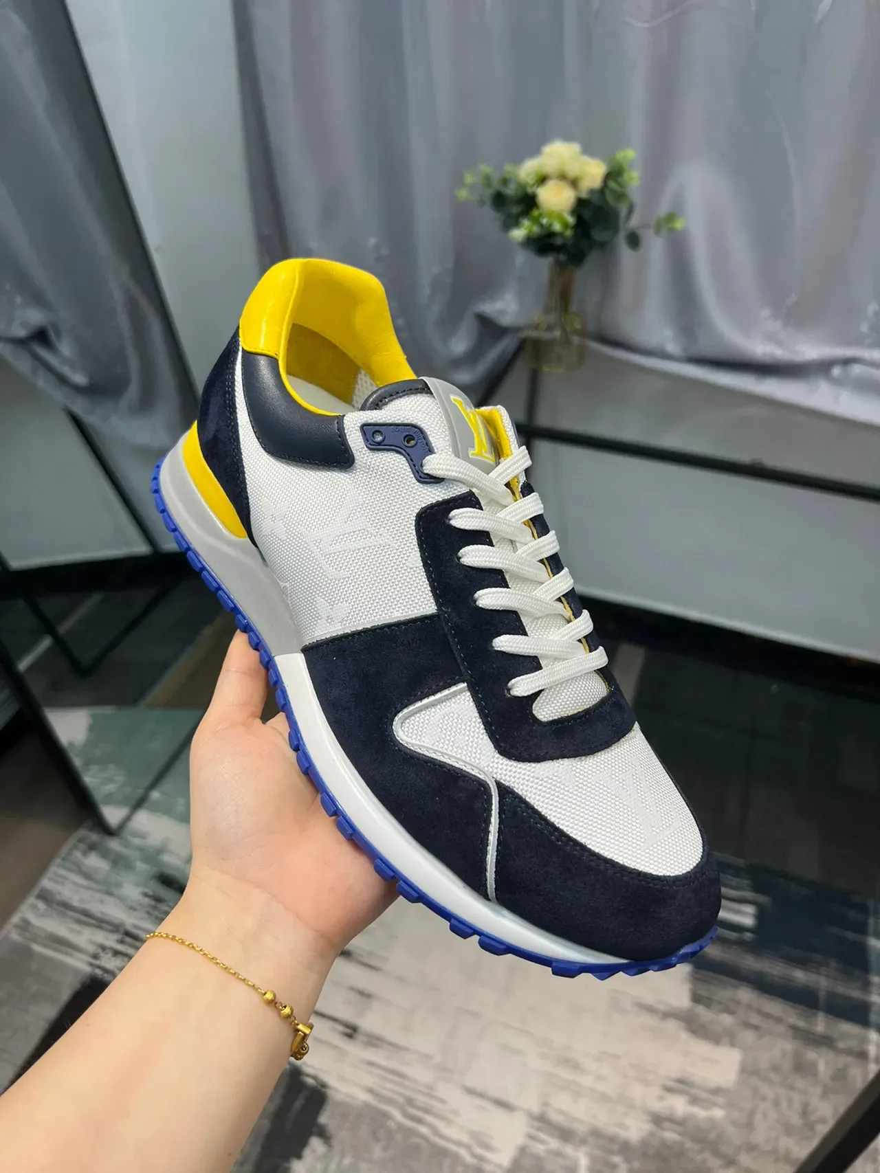 Louis Vuitton Navy Yellow Multi-Panel Suede And Mesh Upper Embossed Monogram Side Lifestyle Sneakers 7