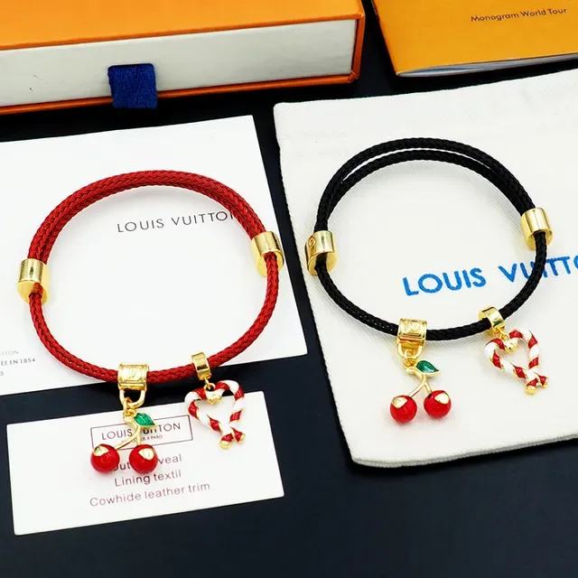 Louis Vuitton Red Braided Cord Enamel Cherry and Candy Cane Heart Bracelet 7