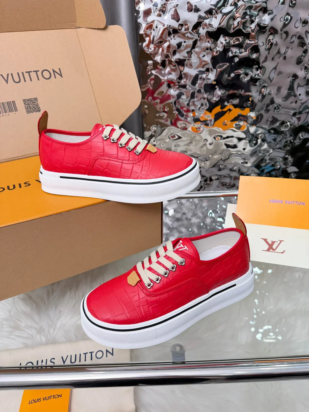 Louis Vuitton Red Croc-Embossed Platform Lifestyle Sneakers 3