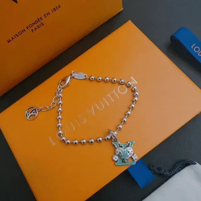 Louis Vuitton Silver Blue Ball-Chain Enamel-Accented Monogram Charm Bracelet 8