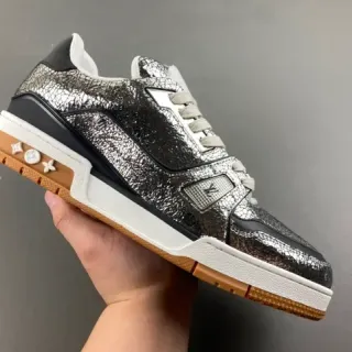 Louis Vuitton Prata Marrom Metálico Couro Rachado Superior Layered Sola Branco/preto/goma Sneakers Lifestyle