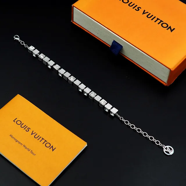 Louis Vuitton Silver Gold Cube-Link Monogram-Engraved Bracelet 9