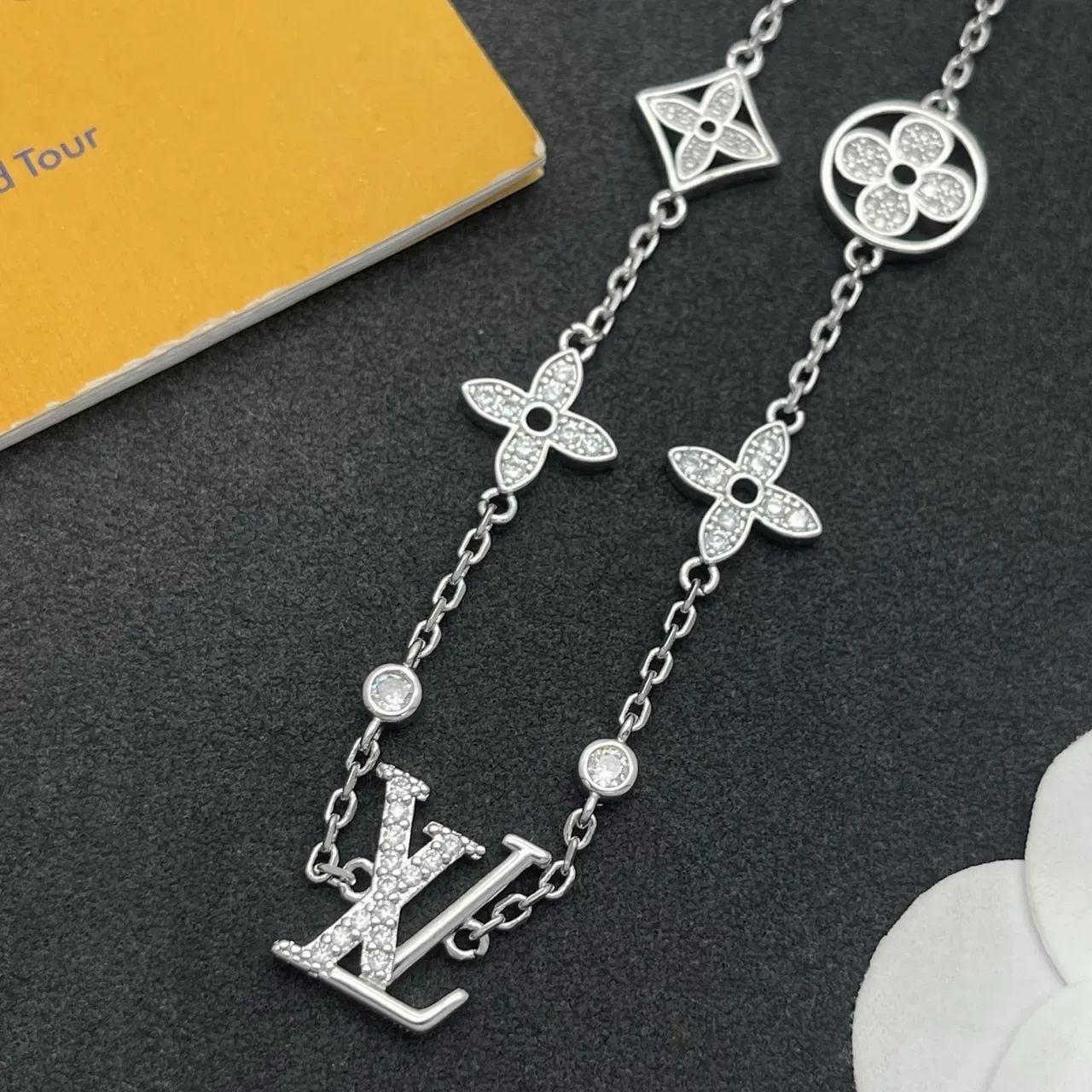 Louis Vuitton Silver White Pavé-Set Monogram Centerpiece Necklace 6