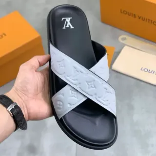 Zapatillas Louis Vuitton Slide Negro Gris Correa Cruzada Monograma Embosado