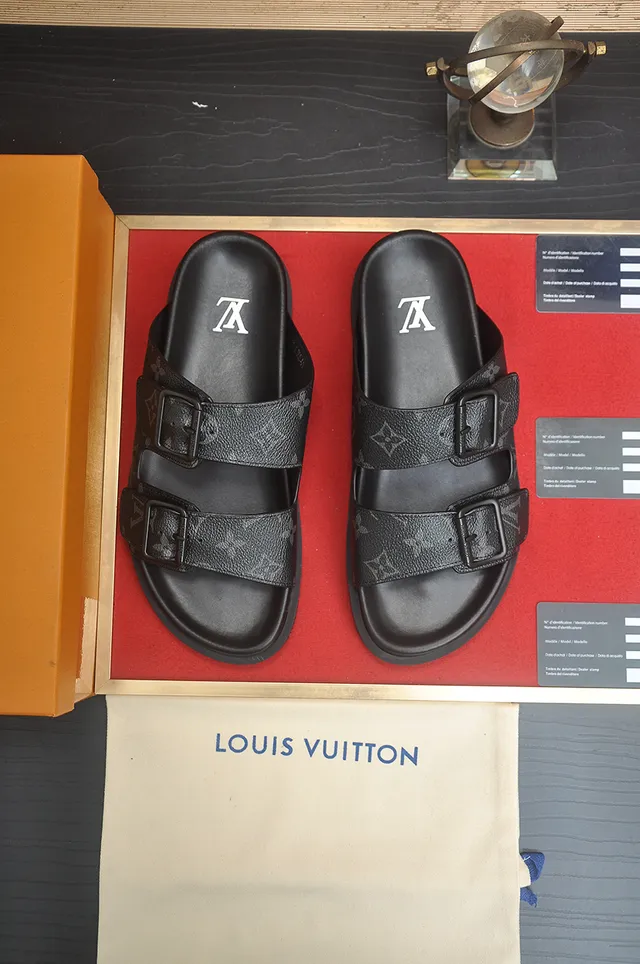 Louis Vuitton Slide Black Monogram Double-Strap Casual Sandals 5