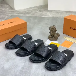 Louis Vuitton Slide أسود Monogram-Embossed نسيج Damier Strap نعال