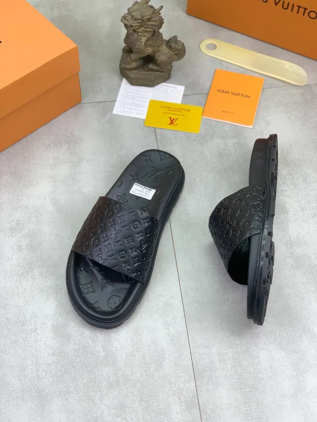 Louis Vuitton Slide Black Monogram-Embossed Woven Damier Strap Slippers 4