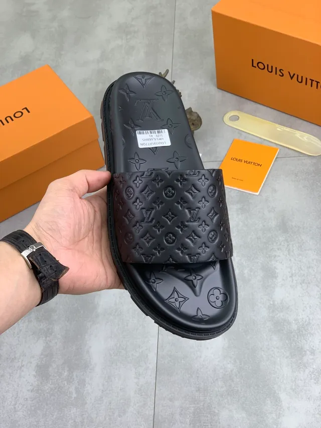 Louis Vuitton Slide Black Monogram-Embossed Woven Damier Strap Slippers 8
