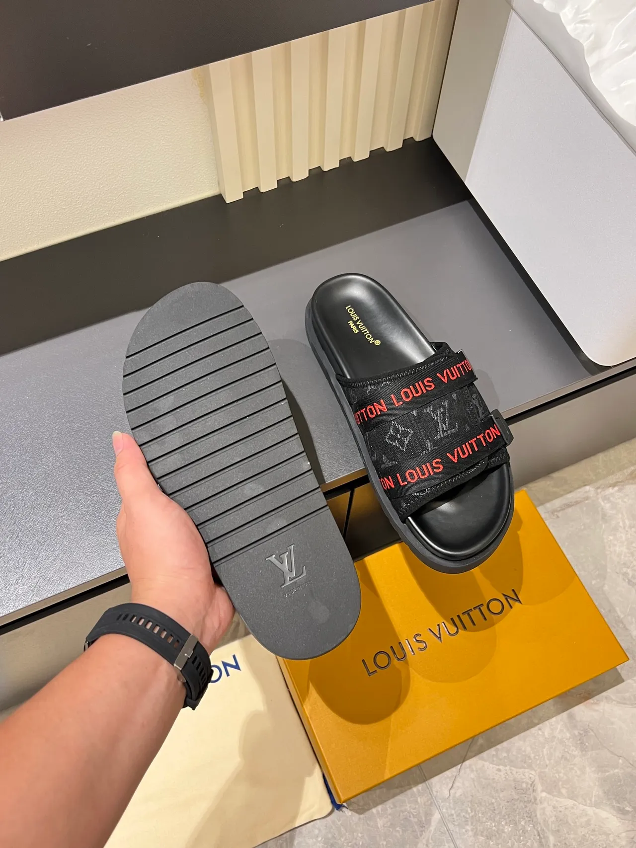 Louis Vuitton Slide Black White Double-Strap Monogrammed Webbing Slippers 3