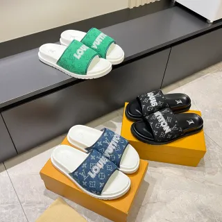 Louis Vuitton Slide 绿色白色 印花带 粗体品牌字母 拖鞋