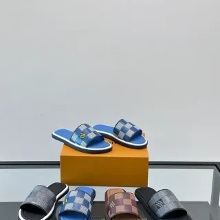 Louis Vuitton Slides Azul Blanco Tejido Damier Check Correa