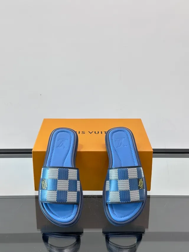 Louis Vuitton Slides Blue White Woven Damier Check Strap Slide Construction Slippers 9