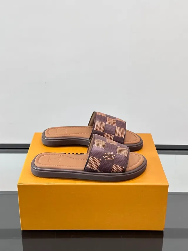 Louis Vuitton Slides Blue White Woven Damier Check Strap Slide Construction Slippers 13