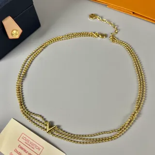Louis Vuitton V Collection Colar Corrente de Bolas Dourado Triplo Fio com Contas