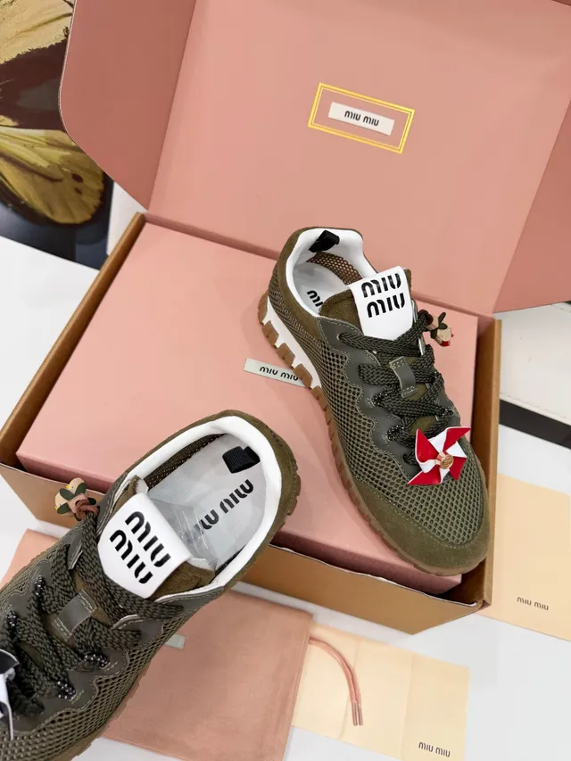 Miu Miu Wander Olive Green Mesh and Suede Lifestyle Sneakers 2