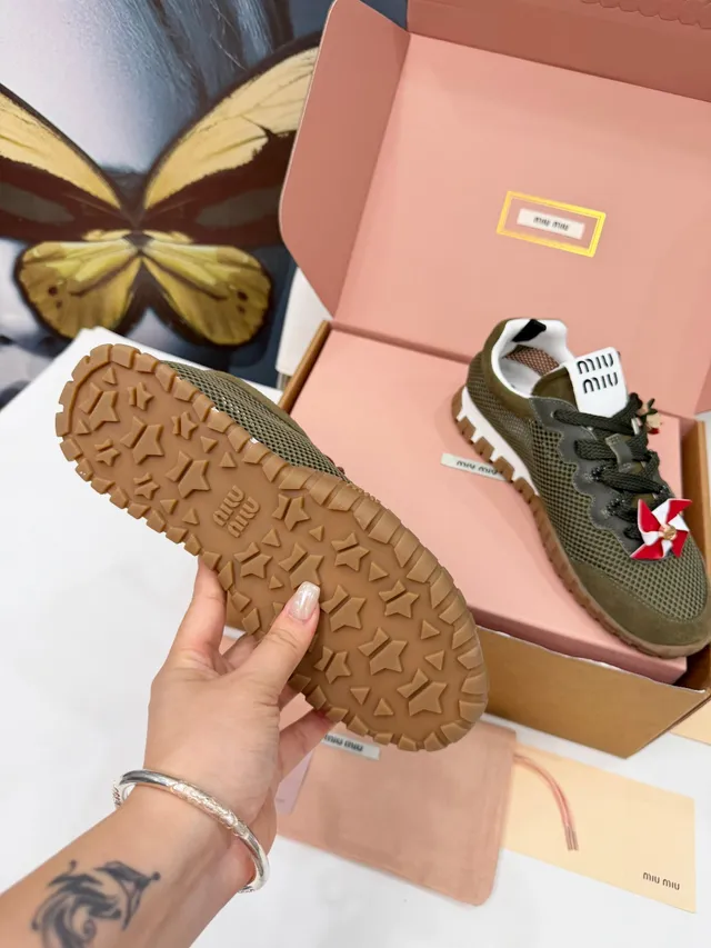 Miu Miu Wander Olive Green Mesh and Suede Lifestyle Sneakers 3