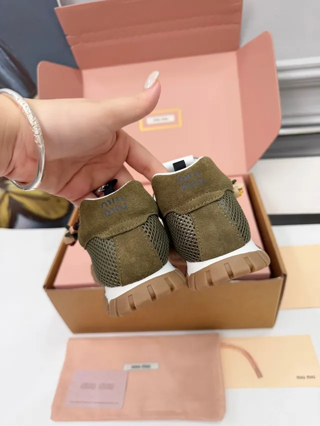 Miu Miu Wander Olive Green Mesh and Suede Lifestyle Sneakers 4