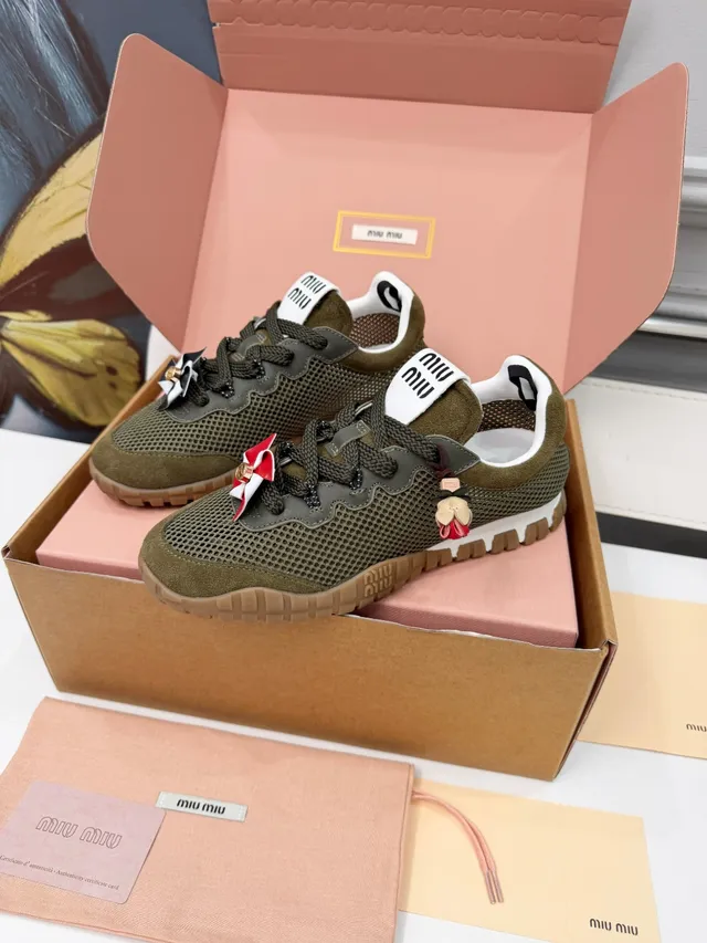 Miu Miu Wander Olive Green Mesh and Suede Lifestyle Sneakers 5