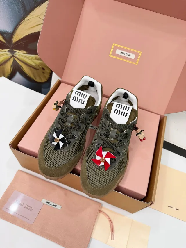 Miu Miu Wander Olive Green Mesh and Suede Lifestyle Sneakers 6