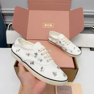 Miu Miu White Beige Embellished Canvas Shoes